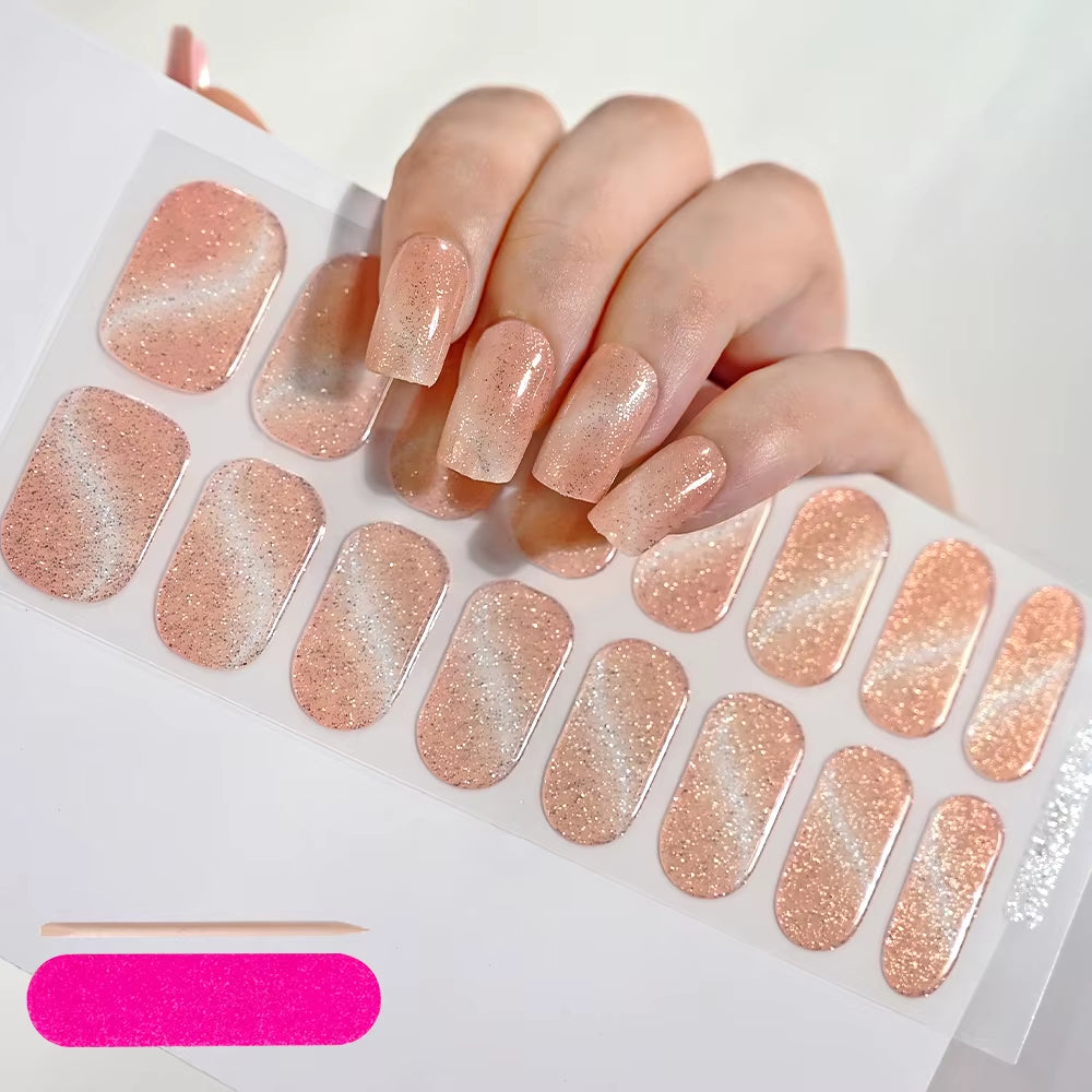 1Sheet 16Tips Green Semi Cure Gel Nail Strips Simple Cat Eye Glitter Polarized Full Nail Wrap UV Lamp Required Nail Gel Sticker