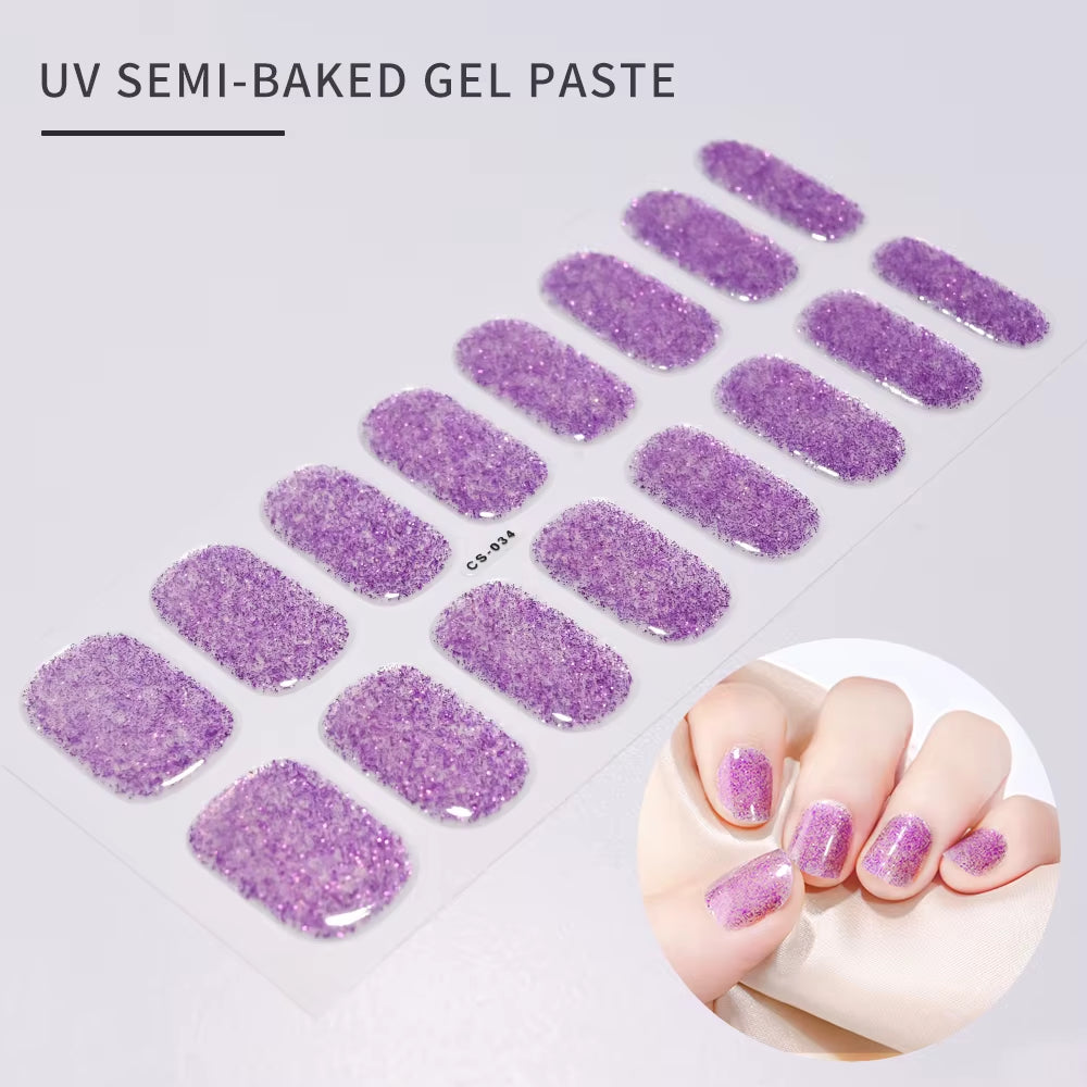 1Sheet 16Tips Green Semi Cure Gel Nail Strips Simple Cat Eye Glitter Polarized Full Nail Wrap UV Lamp Required Nail Gel Sticker