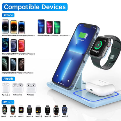 Wireless Charger for Multiple Devices, 18W 3 in 1 Wireless Iphone Charging Station for Iphone 16 15 14 13 12 11 Pro Max XS XR X 8 Plus, Iwatch 10 9 8 7 6 5 4 3 2 SE, Airpods 4 3 2 Pro (Blue)