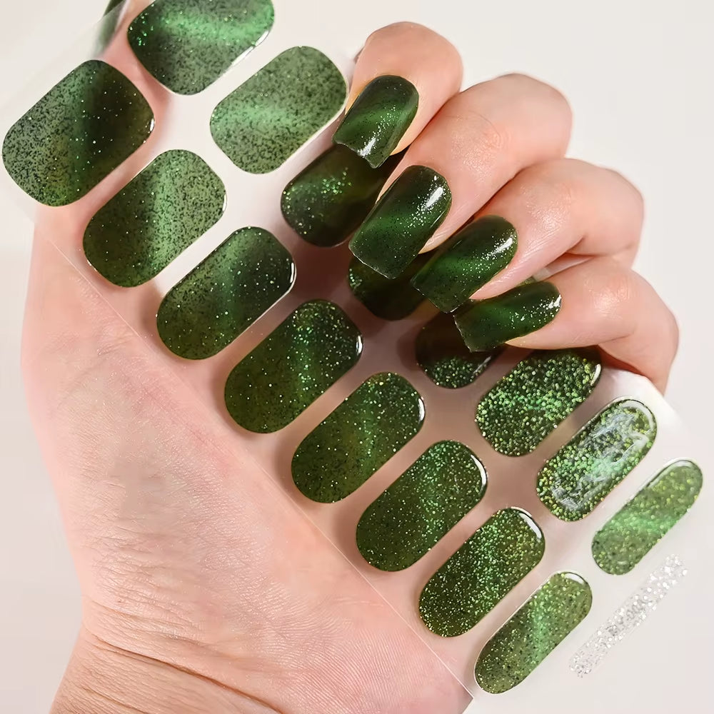 1Sheet 16Tips Green Semi Cure Gel Nail Strips Simple Cat Eye Glitter Polarized Full Nail Wrap UV Lamp Required Nail Gel Sticker