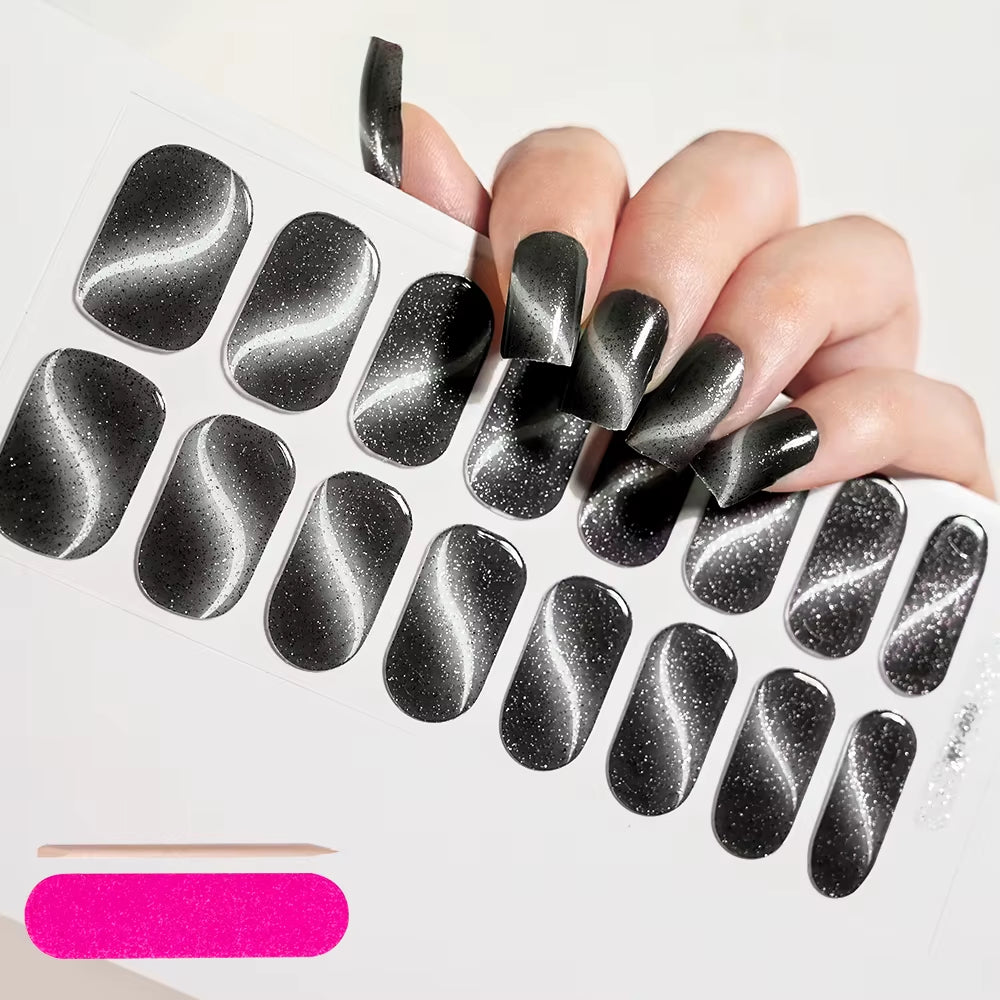 1Sheet 16Tips Green Semi Cure Gel Nail Strips Simple Cat Eye Glitter Polarized Full Nail Wrap UV Lamp Required Nail Gel Sticker