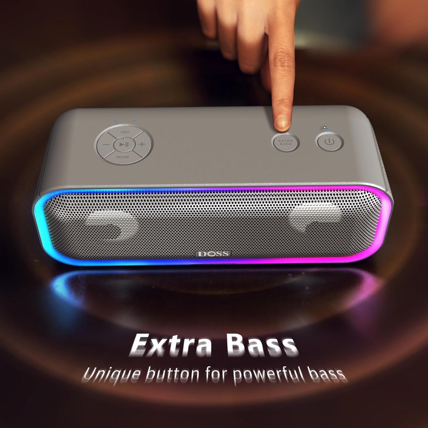 Soundbox Pro+ Bluetooth Speaker - 24W High-Performance Audio, Enhanced Bass, IPX6 Waterproof Rating, 15 Hours Playtime, Wireless Stereo Pairing, Multi-Colored LED Lights, 66 FT Range - Grey