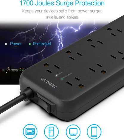 Surge Protector Power Strip,  8 Outlets and 3 USB Ports 5Ft Long Extension Cord Flat Plug, 1875W/15A, 1700 Joules, Wall Mountable for Home, Office, School and Dorm Room Essentials, Black