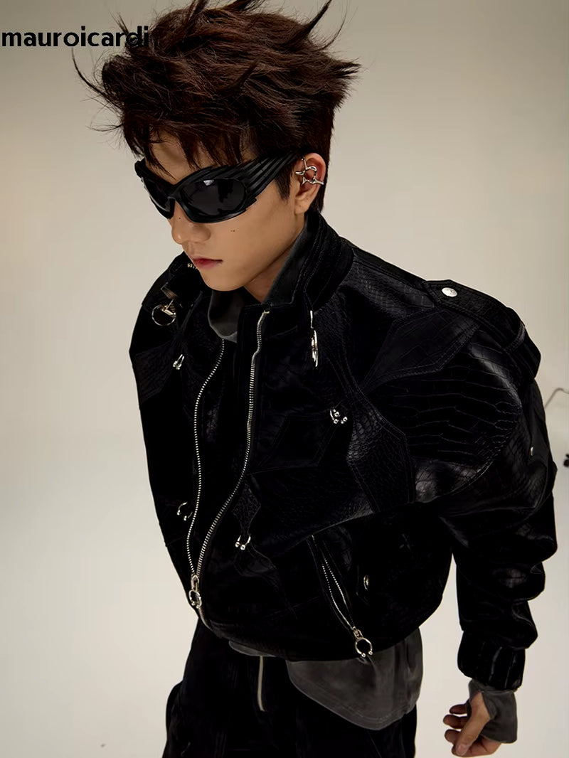 Spring Autumn Cool Short Shiny Black Crocodile Print Pu Leather Jacket Men Luxury Designer Y2K Streetwear Clothes