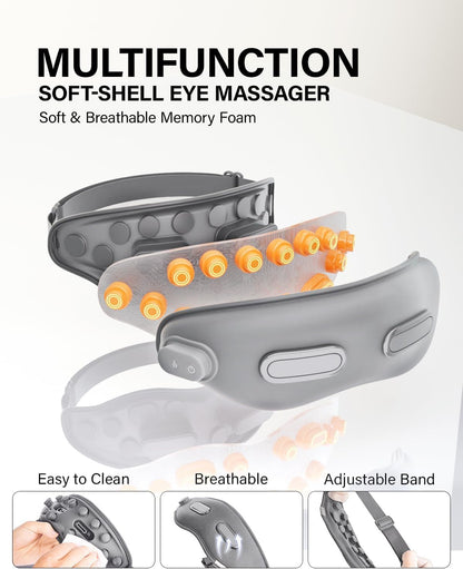 Eye Massager with Heat Eligible Migraine Relief Heated Eye Mask Vibration Migraines Device Compression Music Massager Reduce Dry Eye Improve Sleep Gifts for Women Men (Grey)