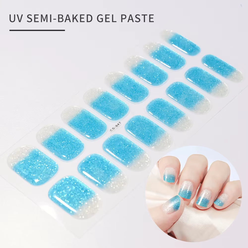 1Sheet 16Tips Green Semi Cure Gel Nail Strips Simple Cat Eye Glitter Polarized Full Nail Wrap UV Lamp Required Nail Gel Sticker