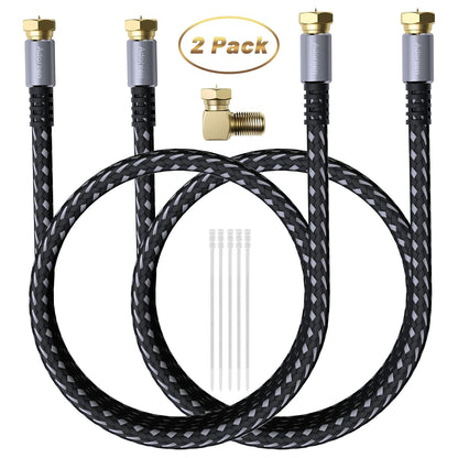 Coaxial Cable 4 Ft-2 Pack, Quad Shielded RG6 Coax Cable Cord, Male F Gold-Plated Nylon-Braided, In-Wall, Digital TV Aerial AV Antenna Satellite with 90 Degree Male to Female Adapter+15 Ties