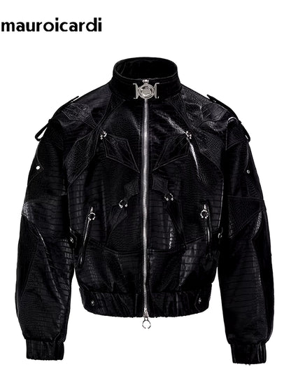 Spring Autumn Cool Short Shiny Black Crocodile Print Pu Leather Jacket Men Luxury Designer Y2K Streetwear Clothes