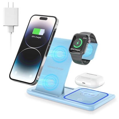 Wireless Charger for Multiple Devices, 18W 3 in 1 Wireless Iphone Charging Station for Iphone 16 15 14 13 12 11 Pro Max XS XR X 8 Plus, Iwatch 10 9 8 7 6 5 4 3 2 SE, Airpods 4 3 2 Pro (Blue)