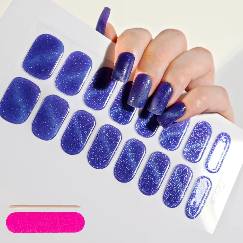 1Sheet 16Tips Green Semi Cure Gel Nail Strips Simple Cat Eye Glitter Polarized Full Nail Wrap UV Lamp Required Nail Gel Sticker