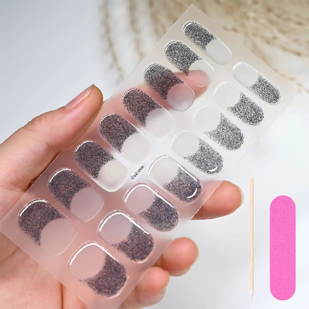 1Sheet 16Tips Green Semi Cure Gel Nail Strips Simple Cat Eye Glitter Polarized Full Nail Wrap UV Lamp Required Nail Gel Sticker