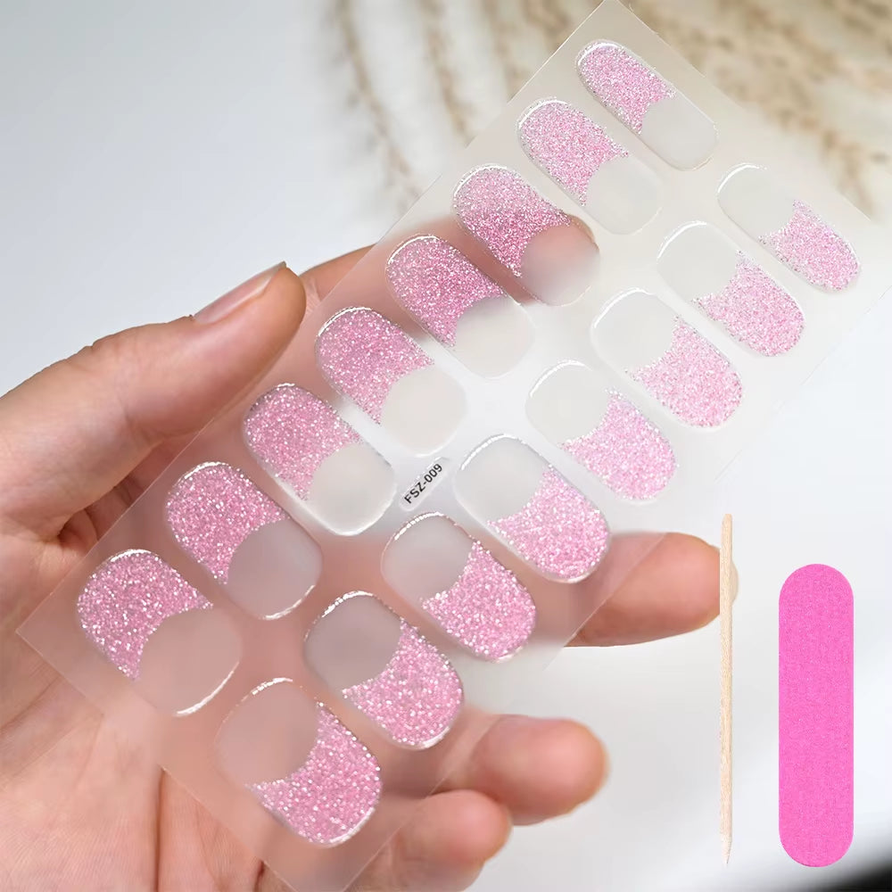 1Sheet 16Tips Green Semi Cure Gel Nail Strips Simple Cat Eye Glitter Polarized Full Nail Wrap UV Lamp Required Nail Gel Sticker