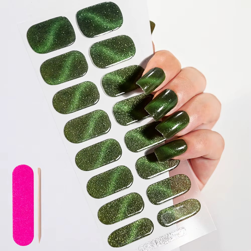 1Sheet 16Tips Green Semi Cure Gel Nail Strips Simple Cat Eye Glitter Polarized Full Nail Wrap UV Lamp Required Nail Gel Sticker