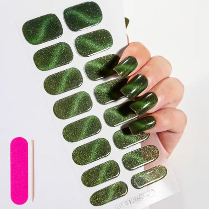 1Sheet 16Tips Green Semi Cure Gel Nail Strips Simple Cat Eye Glitter Polarized Full Nail Wrap UV Lamp Required Nail Gel Sticker