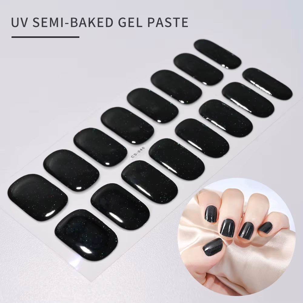 1Sheet 16Tips Green Semi Cure Gel Nail Strips Simple Cat Eye Glitter Polarized Full Nail Wrap UV Lamp Required Nail Gel Sticker