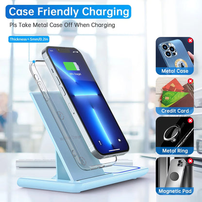 Wireless Charger for Multiple Devices, 18W 3 in 1 Wireless Iphone Charging Station for Iphone 16 15 14 13 12 11 Pro Max XS XR X 8 Plus, Iwatch 10 9 8 7 6 5 4 3 2 SE, Airpods 4 3 2 Pro (Blue)