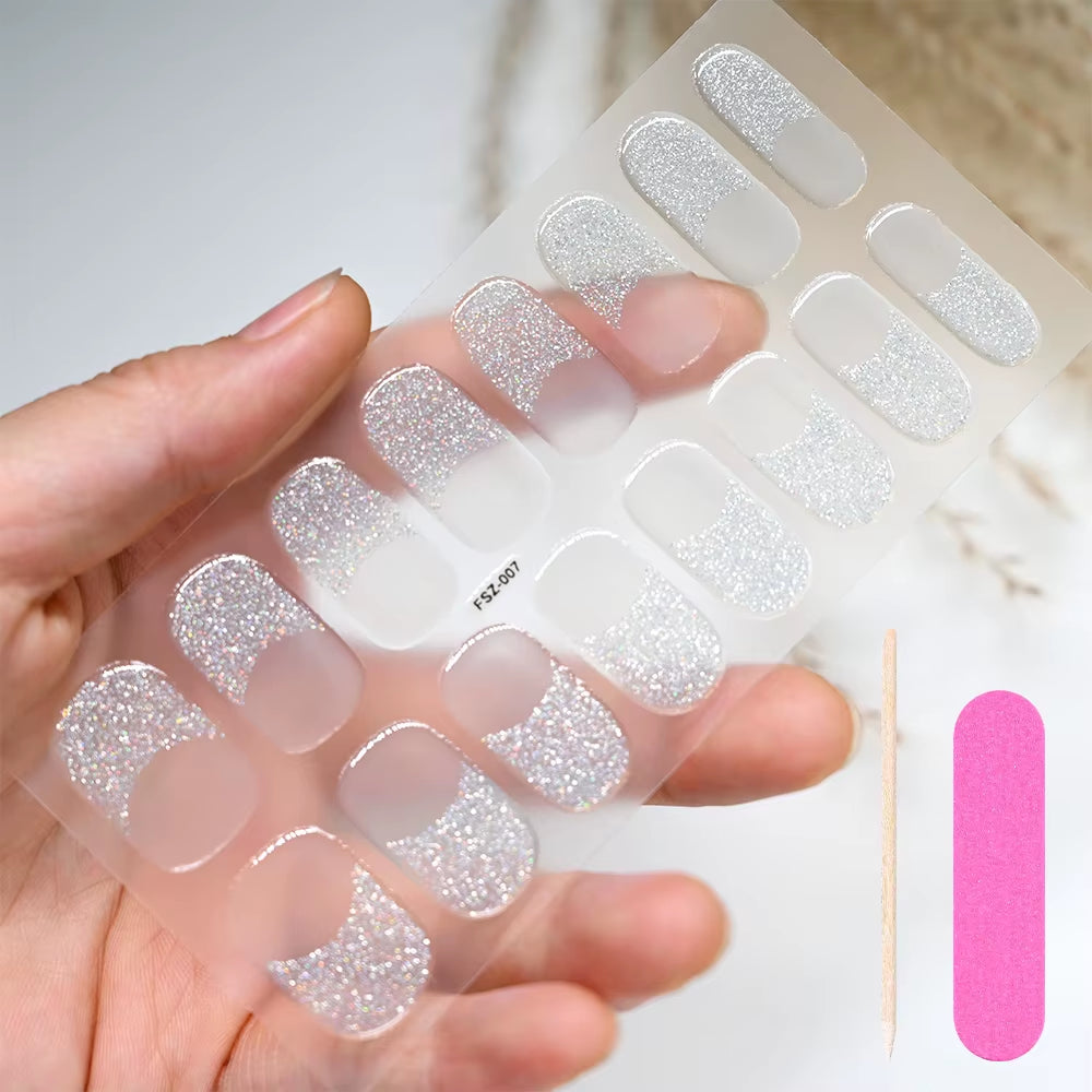 1Sheet 16Tips Green Semi Cure Gel Nail Strips Simple Cat Eye Glitter Polarized Full Nail Wrap UV Lamp Required Nail Gel Sticker