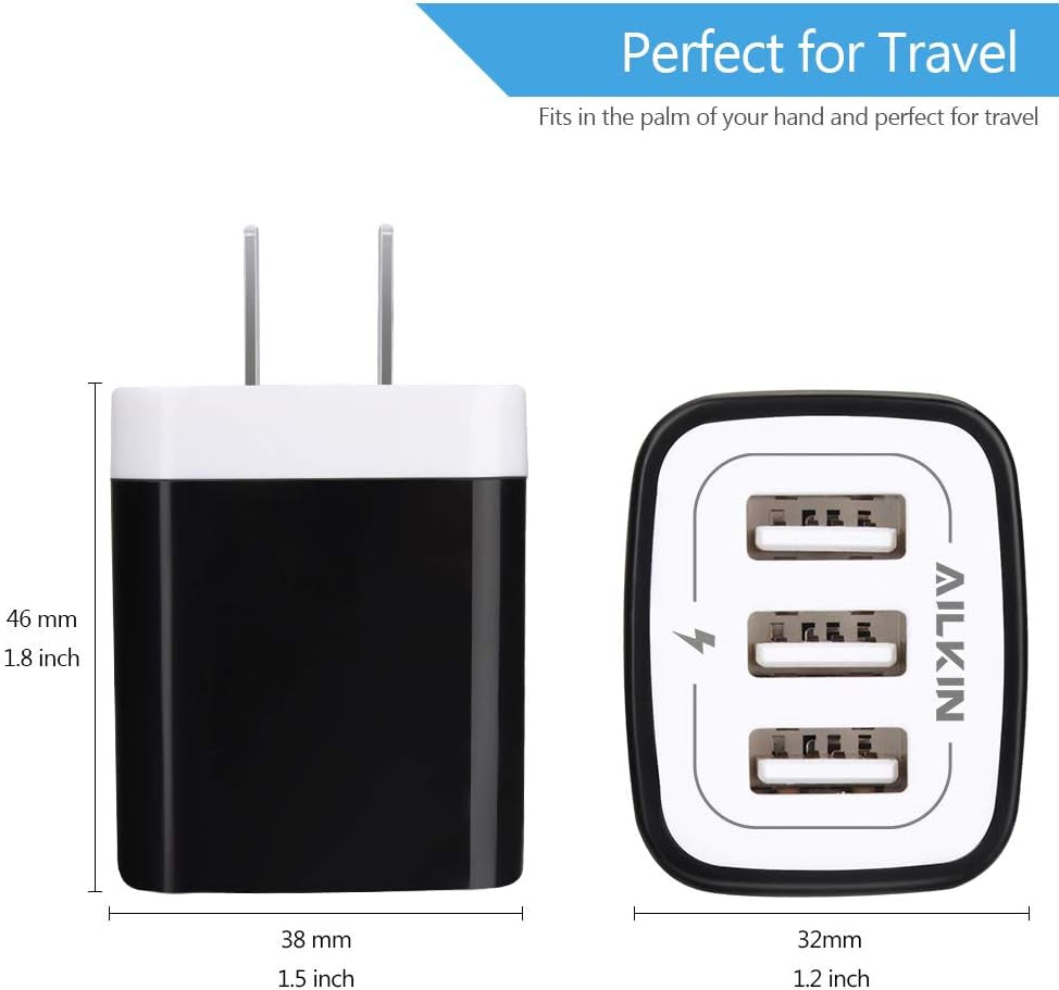 Wall Charger Plug,  USB Plug Wall, 3Multiport Home Charger Station Cube Box Charger Outlet Base Brick Block Replacement for Iphone, Ipad, and Iwatch Charger Plug (Black)