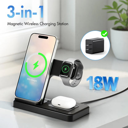 Wireless Charger, Magnetic Charging Stand Compatible with Iphone 16 15 14 13 12 11 Pro Max plus XS XR X 8, Charger for Apple Watch 9 8 7 6 5 4 3 2 SE, for Airpods 3 2 Pro, 3 in 1 Charging Station