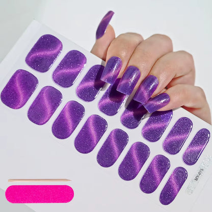 1Sheet 16Tips Green Semi Cure Gel Nail Strips Simple Cat Eye Glitter Polarized Full Nail Wrap UV Lamp Required Nail Gel Sticker