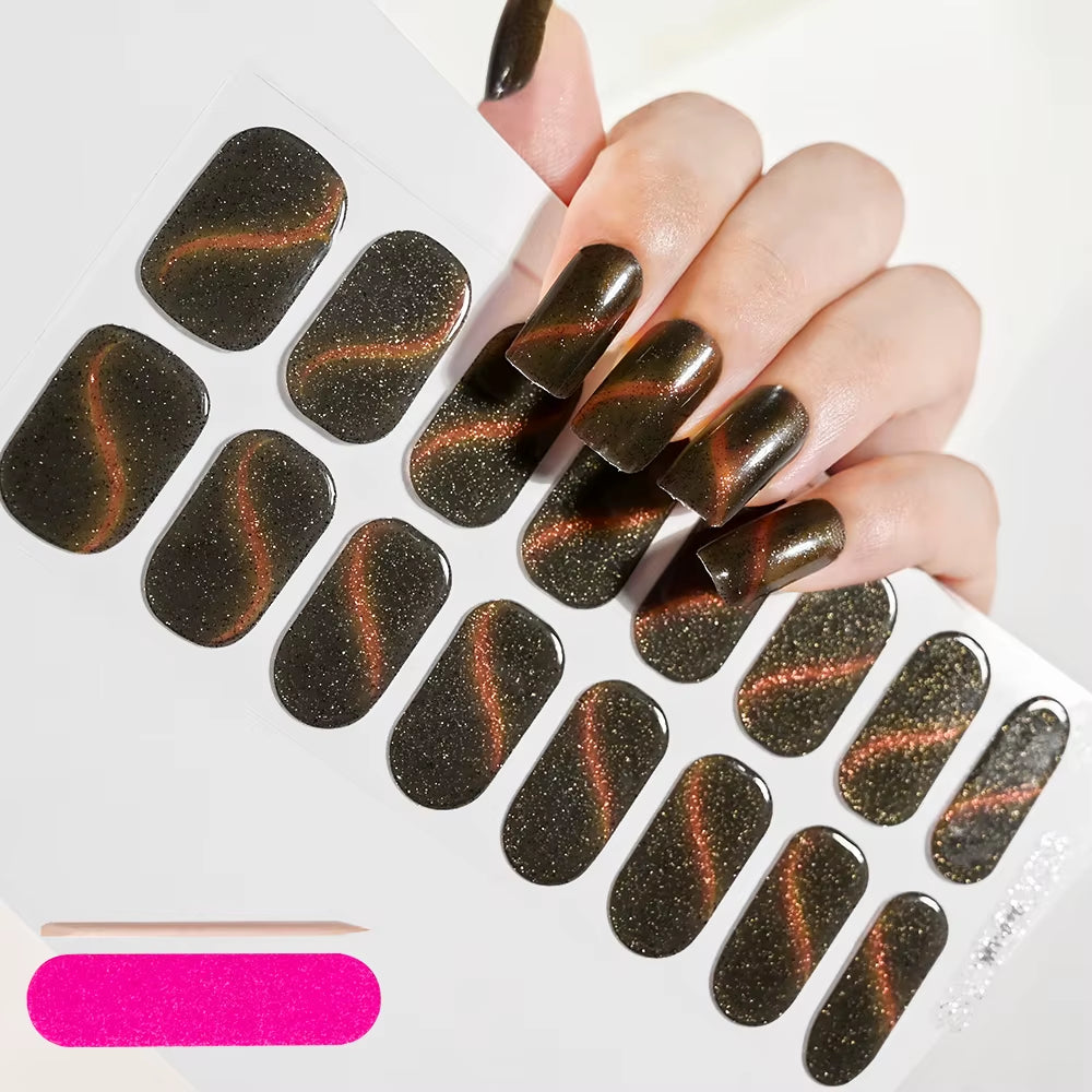 1Sheet 16Tips Green Semi Cure Gel Nail Strips Simple Cat Eye Glitter Polarized Full Nail Wrap UV Lamp Required Nail Gel Sticker