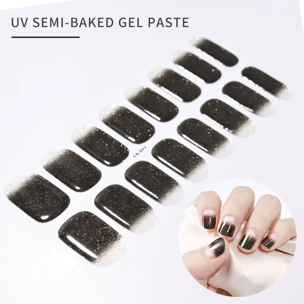 1Sheet 16Tips Green Semi Cure Gel Nail Strips Simple Cat Eye Glitter Polarized Full Nail Wrap UV Lamp Required Nail Gel Sticker