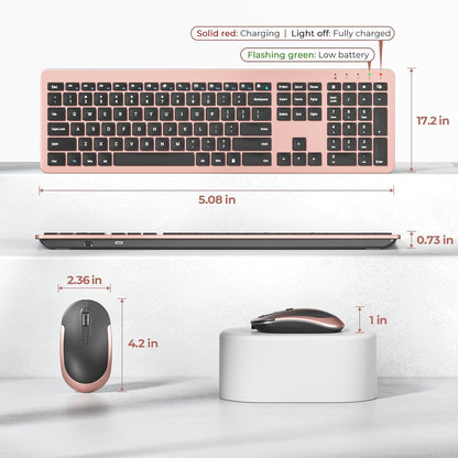 Rechargeable Wireless Keyboard Mouse Combo Full Size Cordless Keyboard & Mouse Sets with Build-In Lithium Battery Ultra Thin Quiet Keyboard Mice (Rose Gold & Black)