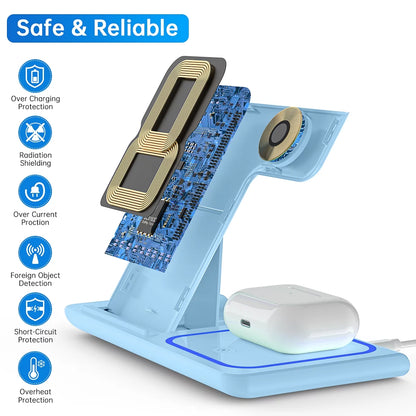 Wireless Charger for Multiple Devices, 18W 3 in 1 Wireless Iphone Charging Station for Iphone 16 15 14 13 12 11 Pro Max XS XR X 8 Plus, Iwatch 10 9 8 7 6 5 4 3 2 SE, Airpods 4 3 2 Pro (Blue)