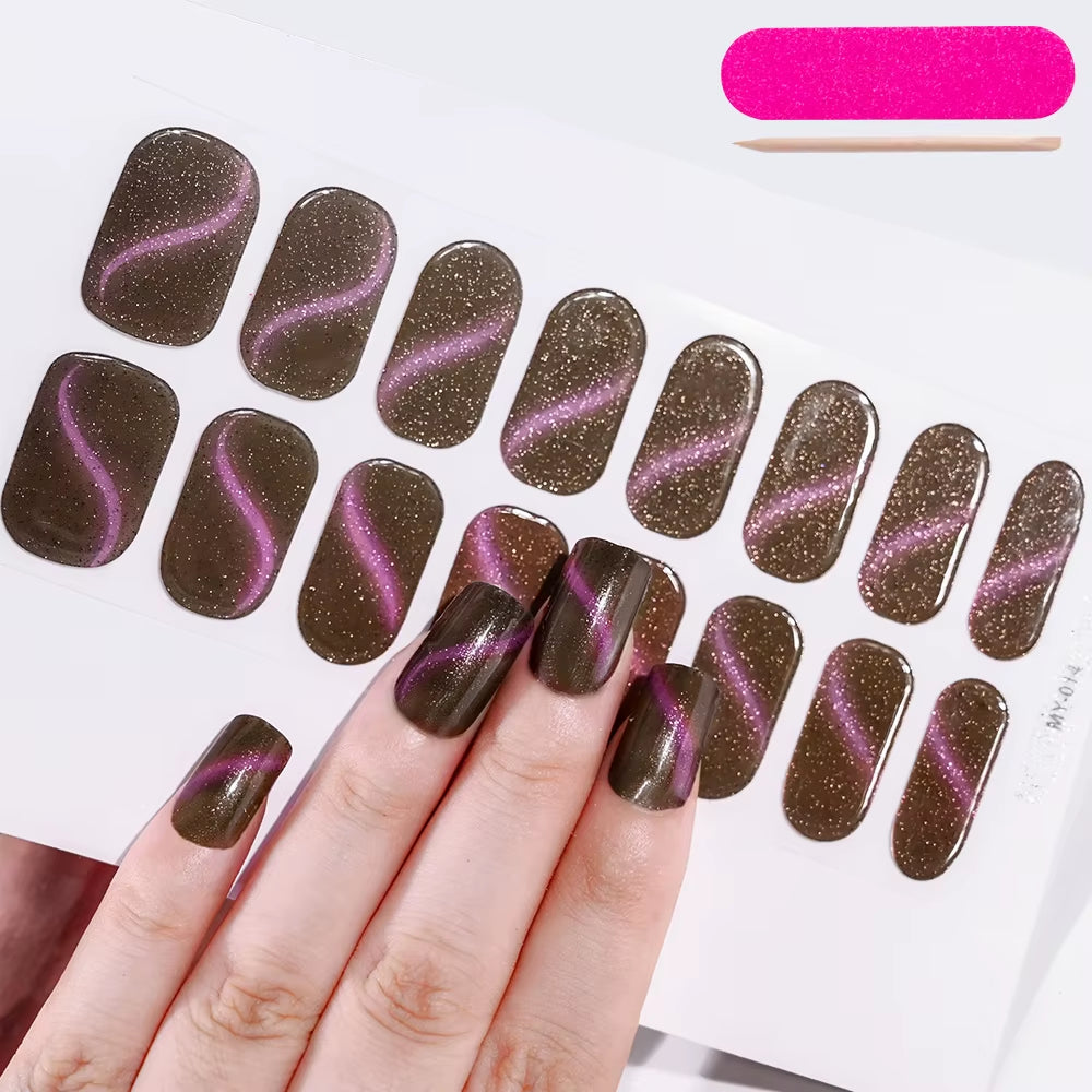 1Sheet 16Tips Green Semi Cure Gel Nail Strips Simple Cat Eye Glitter Polarized Full Nail Wrap UV Lamp Required Nail Gel Sticker