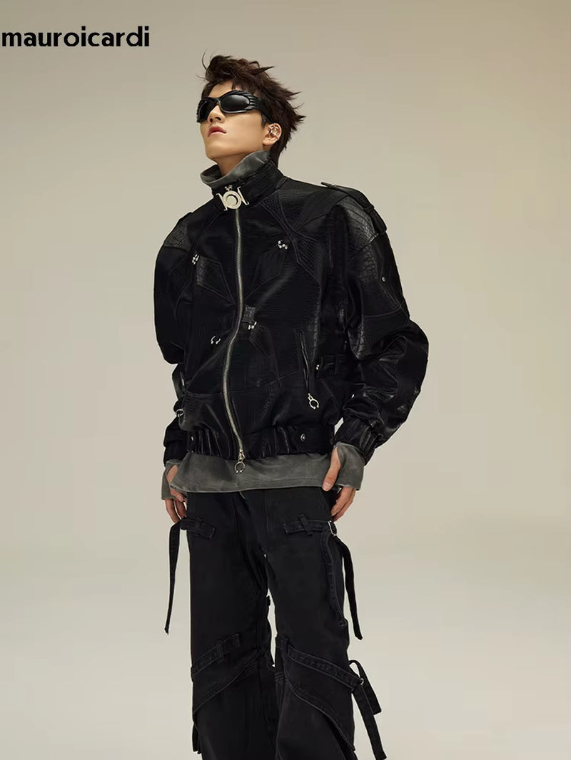 Spring Autumn Cool Short Shiny Black Crocodile Print Pu Leather Jacket Men Luxury Designer Y2K Streetwear Clothes