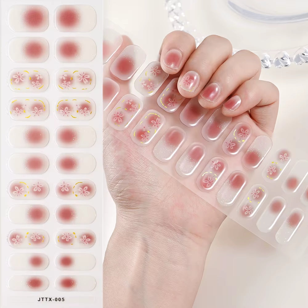 1Sheet Cured Gel Nail Strips Sticker Long-Lasting Nail Polish Strips Wraps Full Cover Gel Nail Art Stickers UV/LED Lamp Required