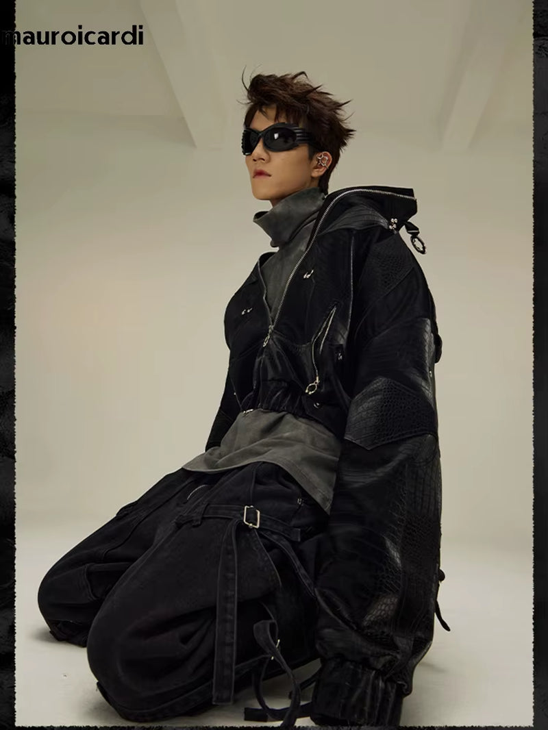 Spring Autumn Cool Short Shiny Black Crocodile Print Pu Leather Jacket Men Luxury Designer Y2K Streetwear Clothes