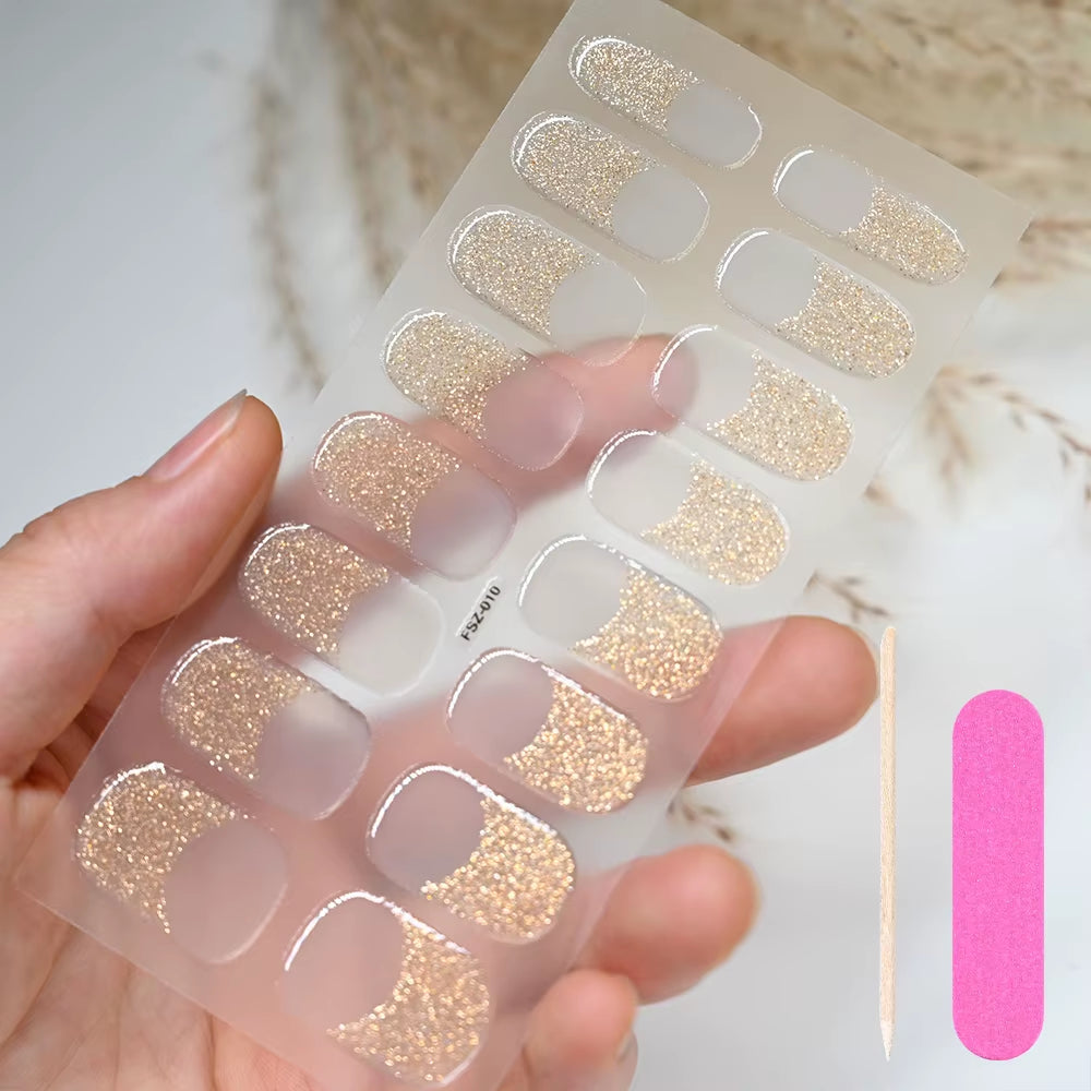 1Sheet 16Tips Green Semi Cure Gel Nail Strips Simple Cat Eye Glitter Polarized Full Nail Wrap UV Lamp Required Nail Gel Sticker