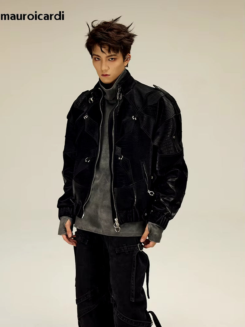 Spring Autumn Cool Short Shiny Black Crocodile Print Pu Leather Jacket Men Luxury Designer Y2K Streetwear Clothes