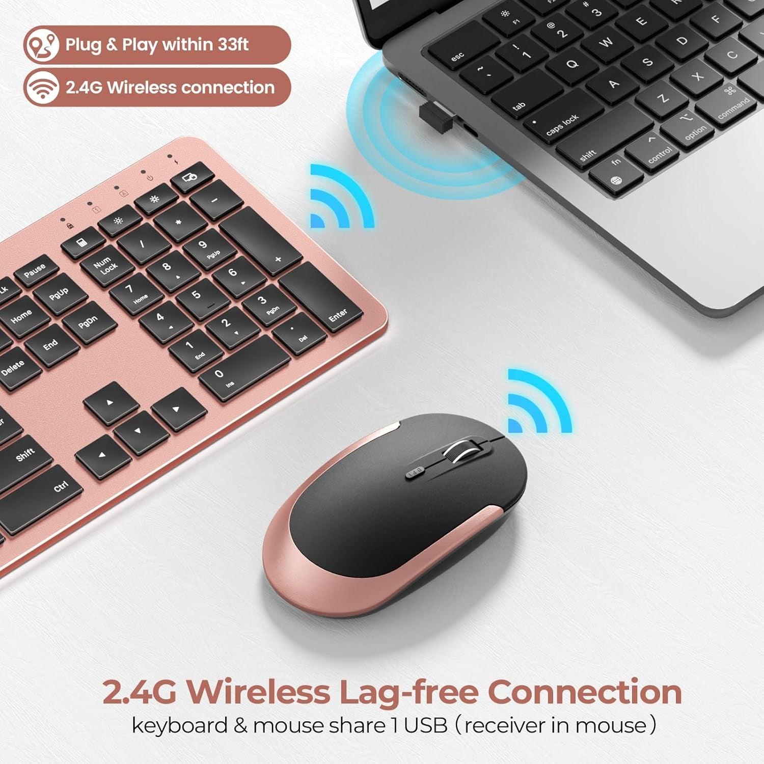 Rechargeable Wireless Keyboard Mouse Combo Full Size Cordless Keyboard & Mouse Sets with Build-In Lithium Battery Ultra Thin Quiet Keyboard Mice (Rose Gold & Black)