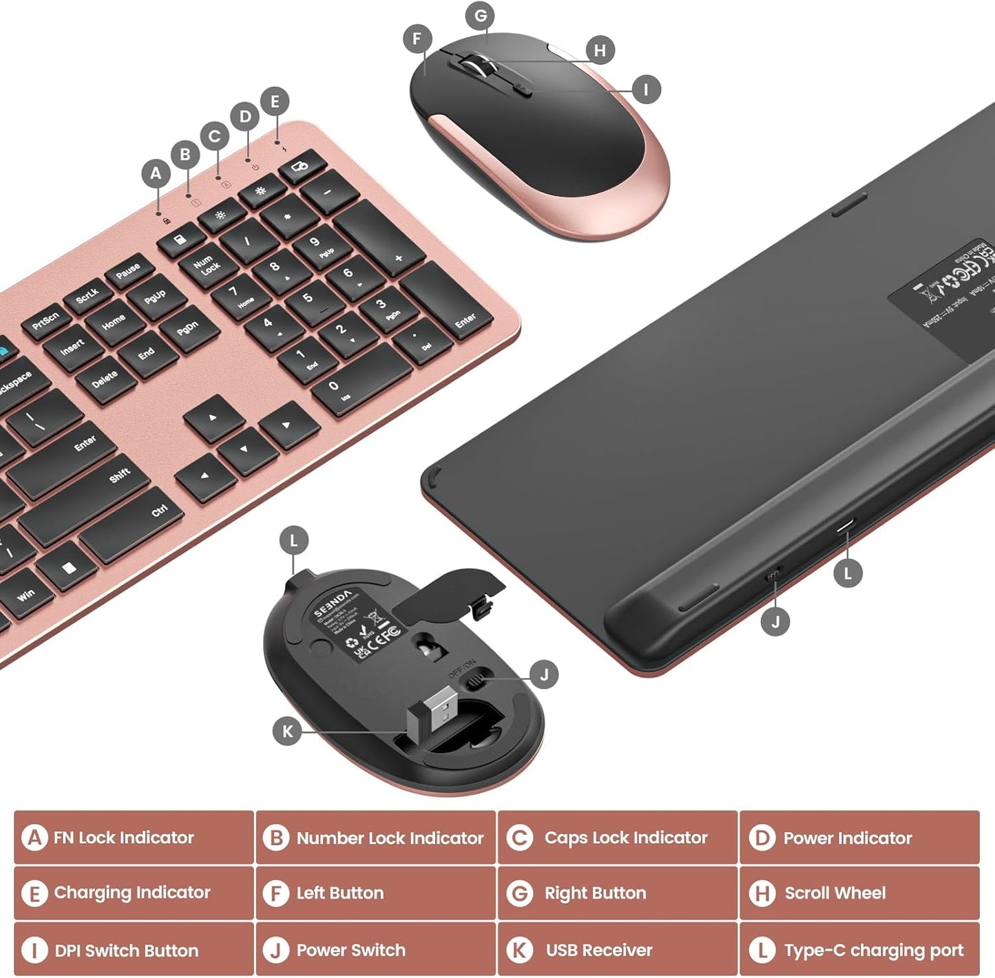 Rechargeable Wireless Keyboard Mouse Combo Full Size Cordless Keyboard & Mouse Sets with Build-In Lithium Battery Ultra Thin Quiet Keyboard Mice (Rose Gold & Black)