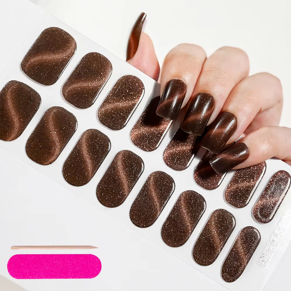 1Sheet 16Tips Green Semi Cure Gel Nail Strips Simple Cat Eye Glitter Polarized Full Nail Wrap UV Lamp Required Nail Gel Sticker