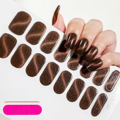 1Sheet 16Tips Green Semi Cure Gel Nail Strips Simple Cat Eye Glitter Polarized Full Nail Wrap UV Lamp Required Nail Gel Sticker