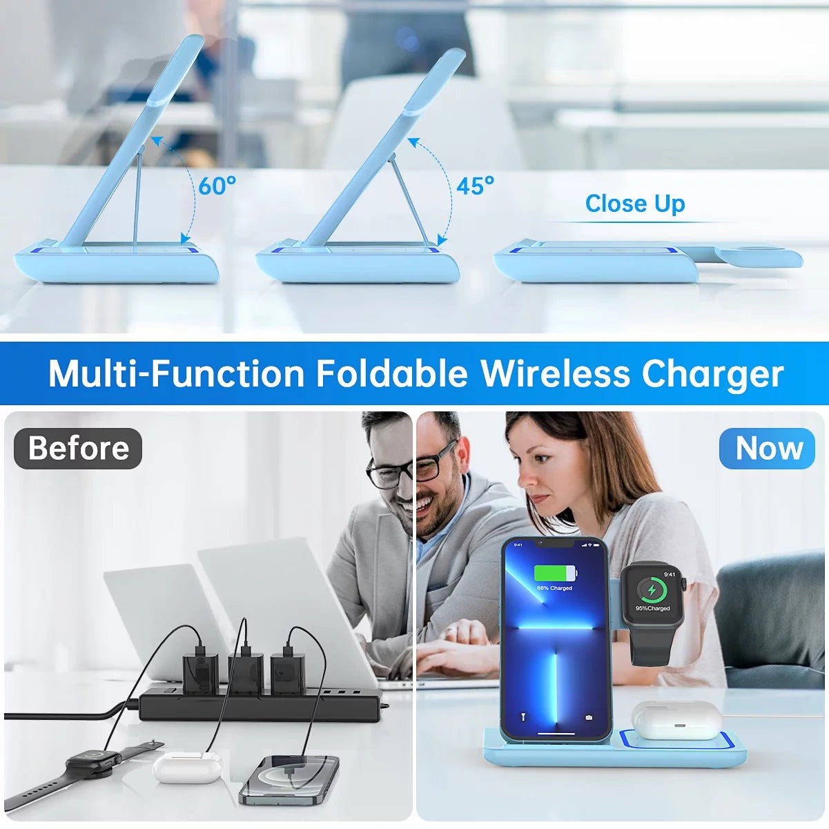 Wireless Charger for Multiple Devices, 18W 3 in 1 Wireless Iphone Charging Station for Iphone 16 15 14 13 12 11 Pro Max XS XR X 8 Plus, Iwatch 10 9 8 7 6 5 4 3 2 SE, Airpods 4 3 2 Pro (Blue)