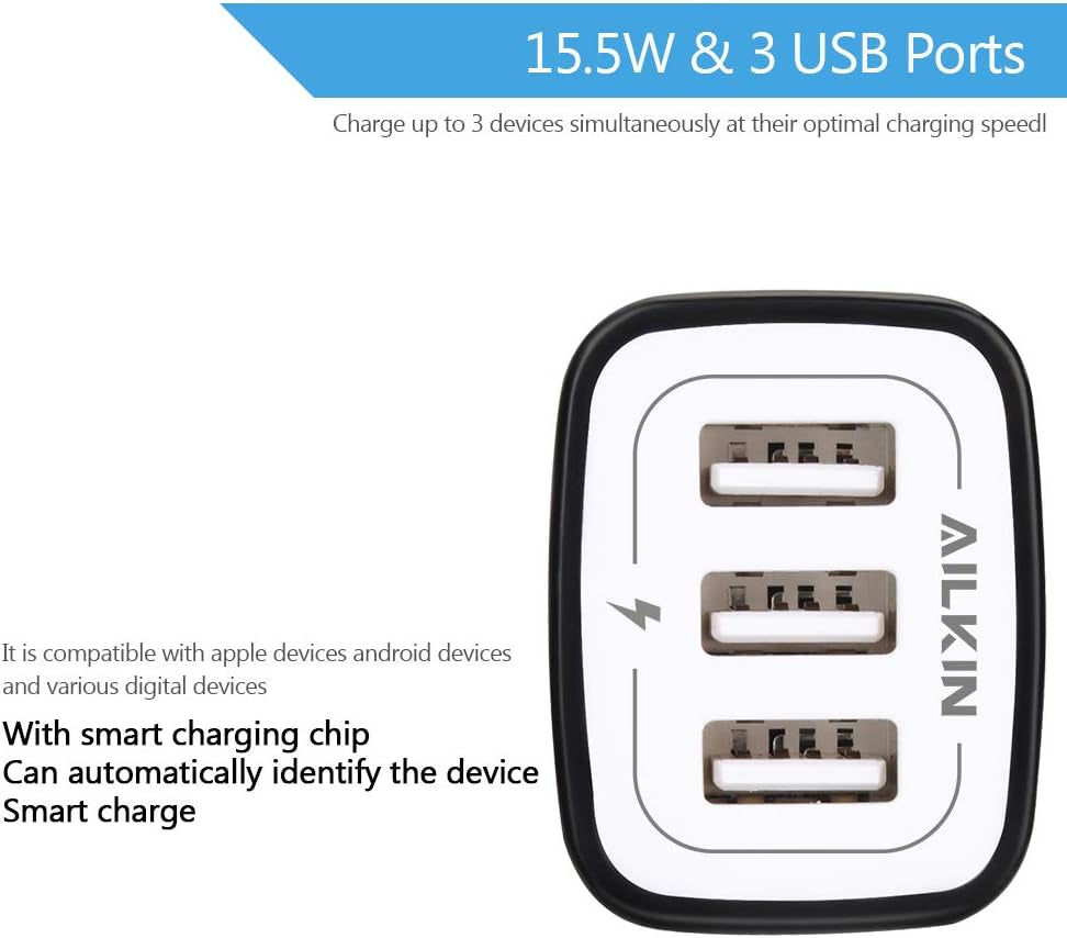 Wall Charger Plug,  USB Plug Wall, 3Multiport Home Charger Station Cube Box Charger Outlet Base Brick Block Replacement for Iphone, Ipad, and Iwatch Charger Plug (Black)