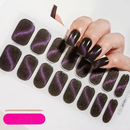 1Sheet 16Tips Green Semi Cure Gel Nail Strips Simple Cat Eye Glitter Polarized Full Nail Wrap UV Lamp Required Nail Gel Sticker
