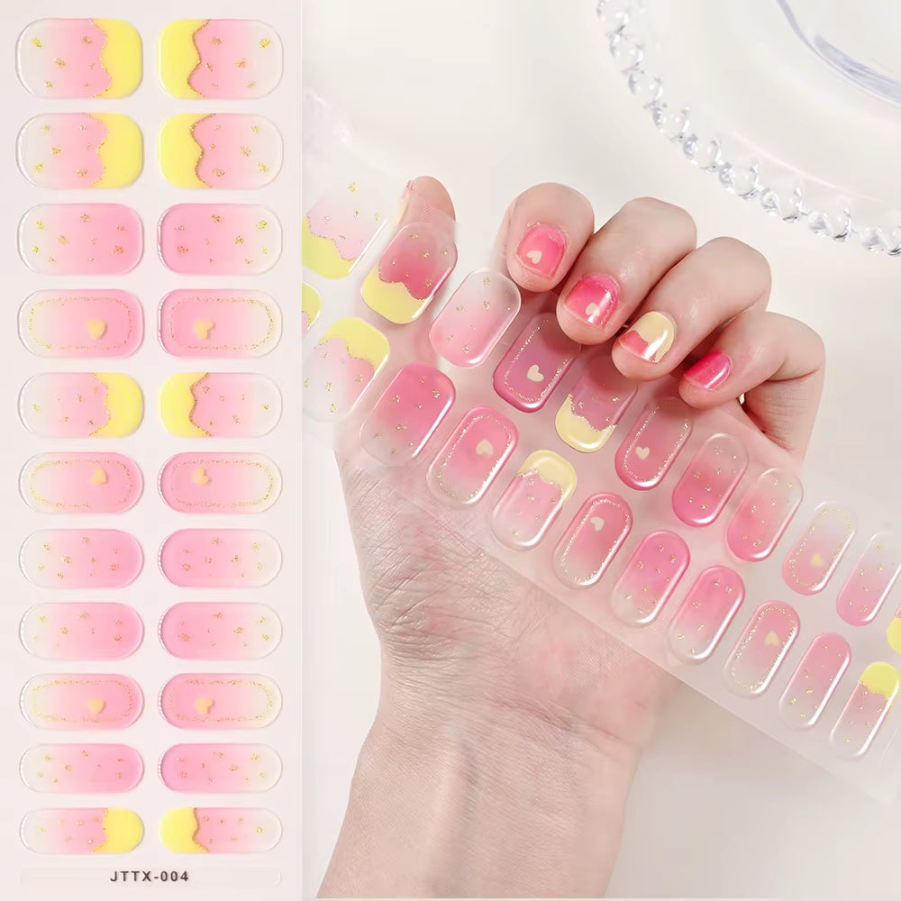 1Sheet Cured Gel Nail Strips Sticker Long-Lasting Nail Polish Strips Wraps Full Cover Gel Nail Art Stickers UV/LED Lamp Required