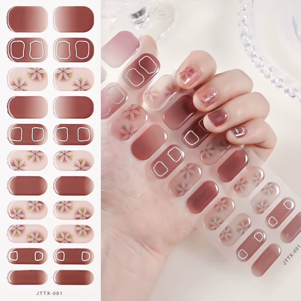1Sheet Cured Gel Nail Strips Sticker Long-Lasting Nail Polish Strips Wraps Full Cover Gel Nail Art Stickers UV/LED Lamp Required