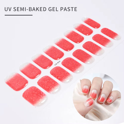 1Sheet 16Tips Green Semi Cure Gel Nail Strips Simple Cat Eye Glitter Polarized Full Nail Wrap UV Lamp Required Nail Gel Sticker