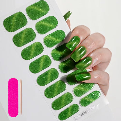 1Sheet 16Tips Green Semi Cure Gel Nail Strips Simple Cat Eye Glitter Polarized Full Nail Wrap UV Lamp Required Nail Gel Sticker