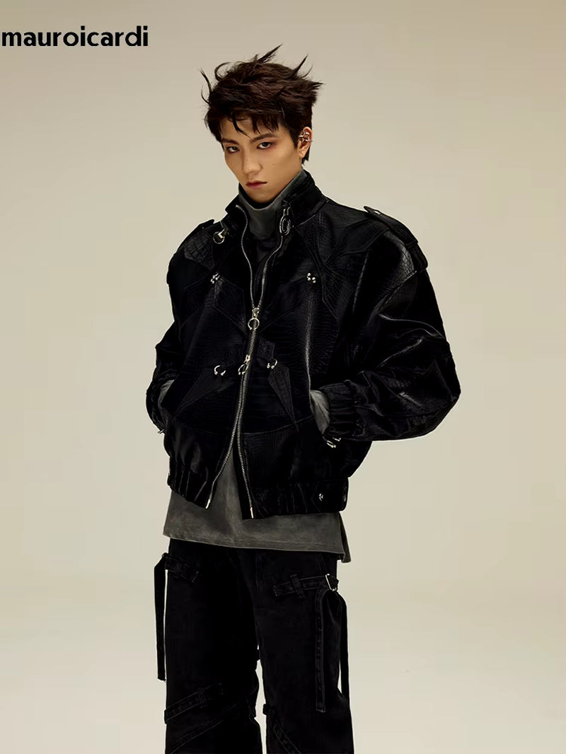 Spring Autumn Cool Short Shiny Black Crocodile Print Pu Leather Jacket Men Luxury Designer Y2K Streetwear Clothes