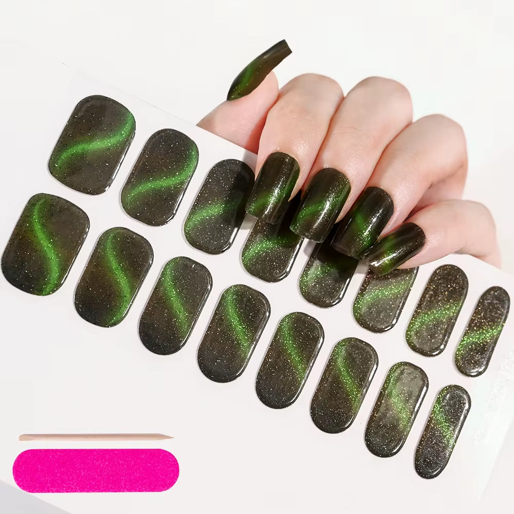 1Sheet 16Tips Green Semi Cure Gel Nail Strips Simple Cat Eye Glitter Polarized Full Nail Wrap UV Lamp Required Nail Gel Sticker