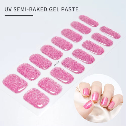 1Sheet 16Tips Green Semi Cure Gel Nail Strips Simple Cat Eye Glitter Polarized Full Nail Wrap UV Lamp Required Nail Gel Sticker