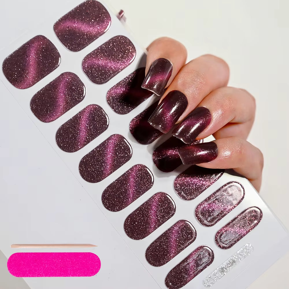1Sheet 16Tips Green Semi Cure Gel Nail Strips Simple Cat Eye Glitter Polarized Full Nail Wrap UV Lamp Required Nail Gel Sticker