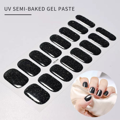 1Sheet 16Tips Green Semi Cure Gel Nail Strips Simple Cat Eye Glitter Polarized Full Nail Wrap UV Lamp Required Nail Gel Sticker